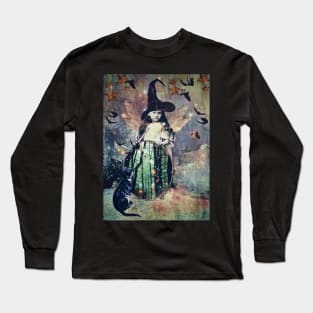 The Little Witch cat, magic stars, vintage mirror Long Sleeve T-Shirt